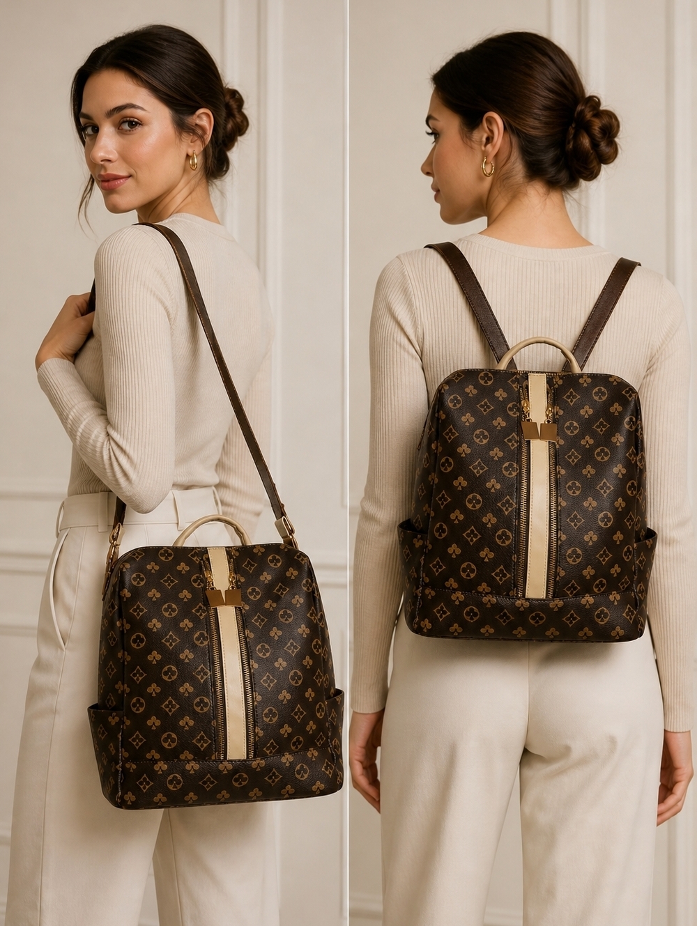 Brown Monogram-Pattern Womens Backpack with Beige Trim